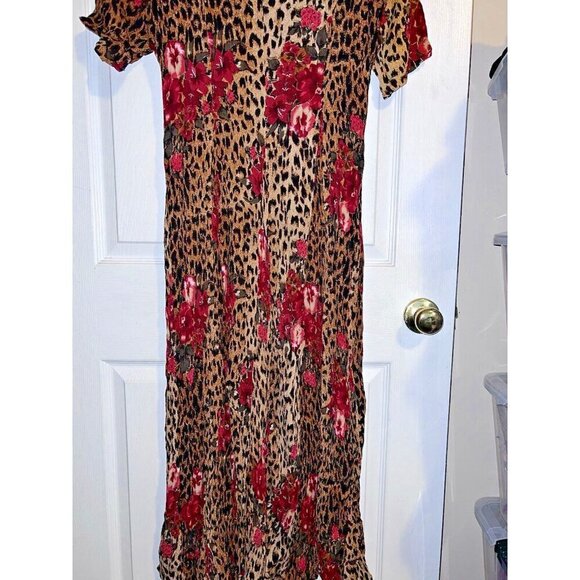 Vintage PRETTY PINK Short Sleeve Crinkle Animal Print Maxi Dress Gypsy 90s - Picture 3 of 11